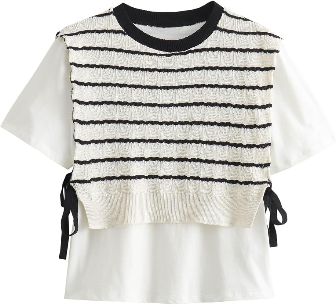 Striped Knit Crop Top and Short Sleeve T-Shirt Set, White, Summer Fashion for Women | Amazon (US)