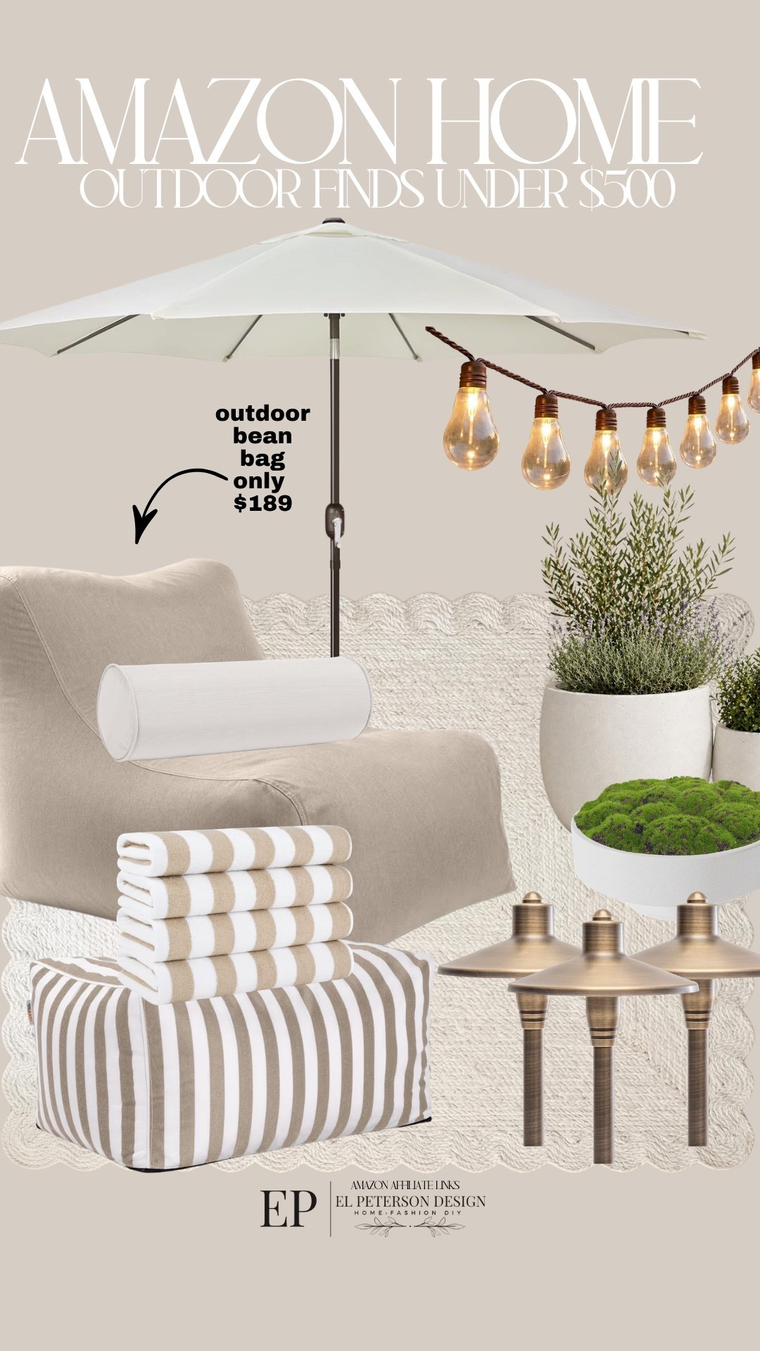 Amazon
Rug
Umbrella
String lights
Planters
Bean bag
Towels
Pillow

#LTKHome