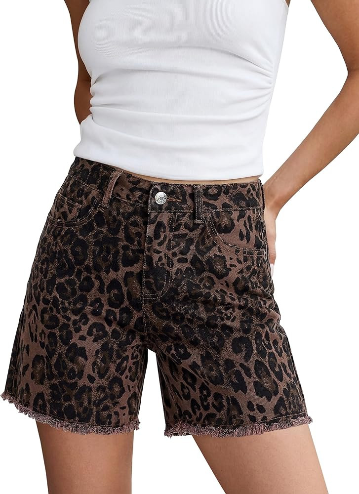 luvamia Jean Shorts for Women Trendy High Rise Mid Thigh Cheetah Leopard Print Raw Hem Stretch De... | Amazon (US)