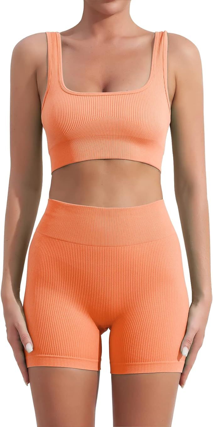Ribbed Seamless Yoga Set Two Piece Workout Sets For Women Sports Bra With Highwaist Shorts Outfit... | Amazon (US)