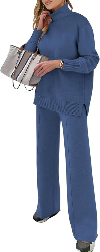 ANRABESS Womens 2 Piece Outfits Turtleneck Matching Lounge Set Sweater Top Wide Leg Pants Fall Co... | Amazon (US)