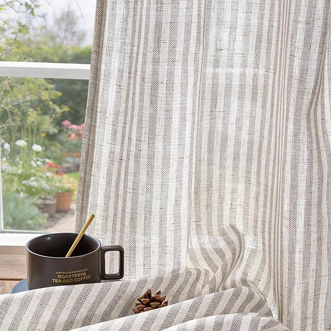 jinchan Linen Curtains for Living Room Taupe Grey on Beige Striped Curtains for Bedroom Ticking S... | Amazon (US)
