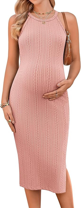 Ekouaer Maternity Dress Rib Knit Side Slit Stretchy Bodycon Pregnancy Dresses Halter Neck Sleevel... | Amazon (US)