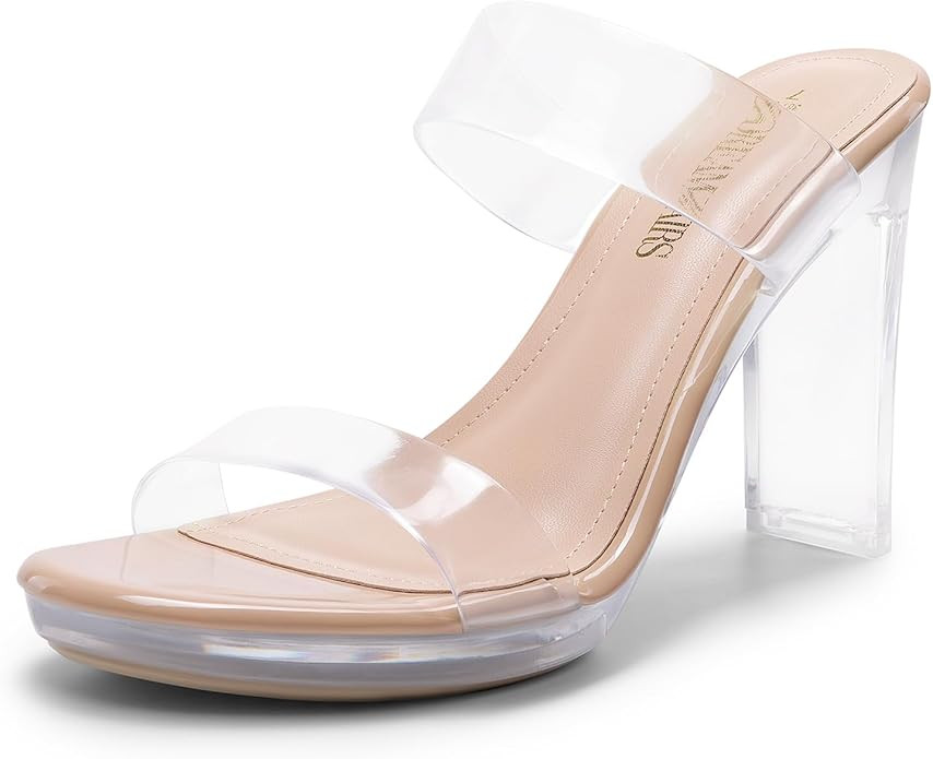 DREAM PAIRS Women's Clear Two Strap Open Toe High Block Chunky Slip on Dress Heel Sandals | Amazon (US)