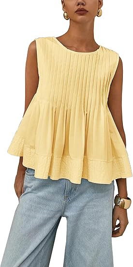Women's Summer Babydoll Ruffle Tank Tops Pleated Peplum Sleeveless Blouse Round Neck Y2K Shirt | Amazon (US)