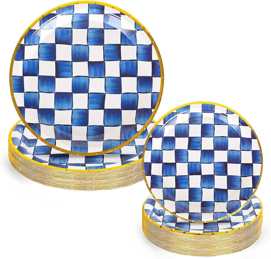 JarThenaAMCS 48Pcs Blue White Plaid Tableware Set Royal Blue Checkered Paper Plates 7 & 9 Inch Go... | Amazon (US)