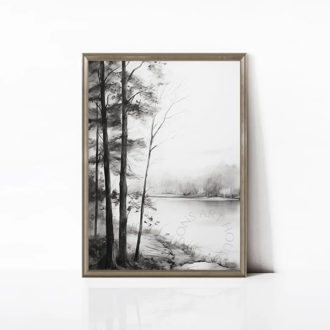 Black and White Lake Pencil Sketch Print, Rustic Woodland Drawing, Minimalist Nature Art, PRINTAB... | Etsy (US)