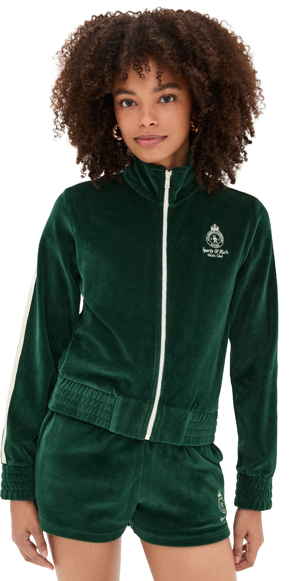 Sporty & Rich Crown Tennis Elio Velour Track Jacket Forest/Ecru S | Shopbop
