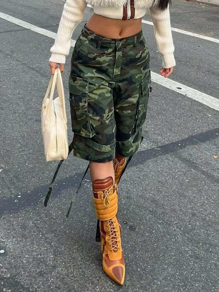 Women's Low Waist Camouflage Print Loose Wide Leg 7/8 Length Denim Jeans | SHEIN