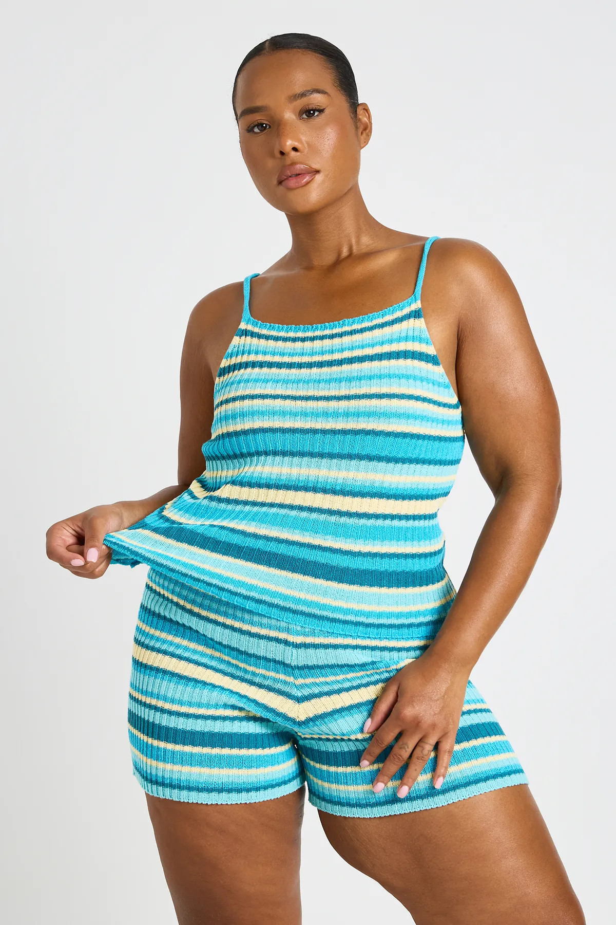 boohoo Women's Plus Knit Stripe Beach Short in Blue | Size: 24/26 | Linen/Polyurethane | boohoo (US & Canada)