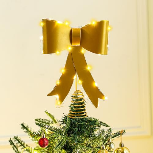 Gold Christmas Tree Topper Bow 10 x 12 Inches Large LED Metal Brass Bow Tree Topper Ornament with Clip Xmas Hanging Decor for Christmas Treetop Garland Wreath Decoration Home Outdoor Indoor | Amazon (US)