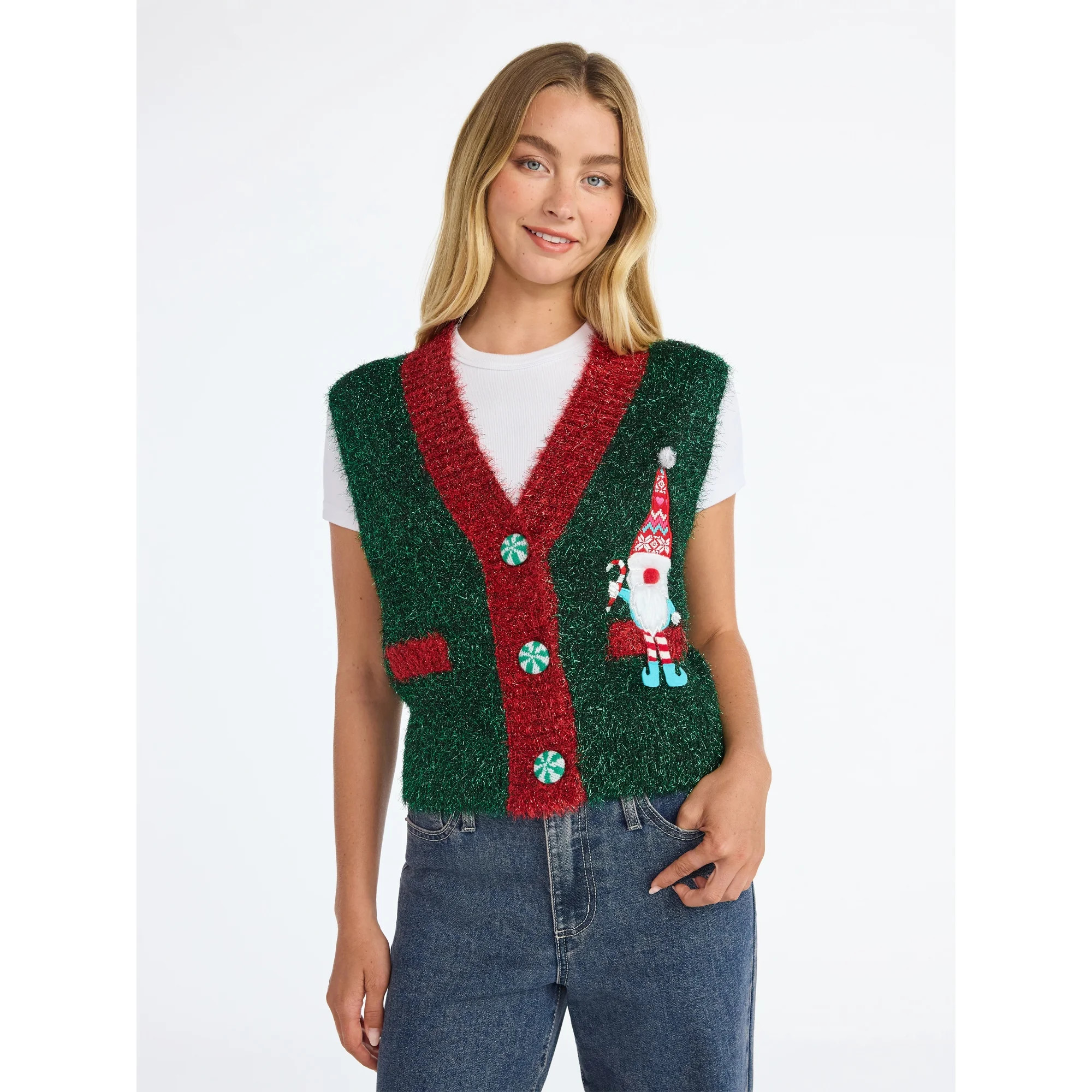 No Boundaries V-Neck Button Front Christmas Vest, Women’s | Walmart (US)