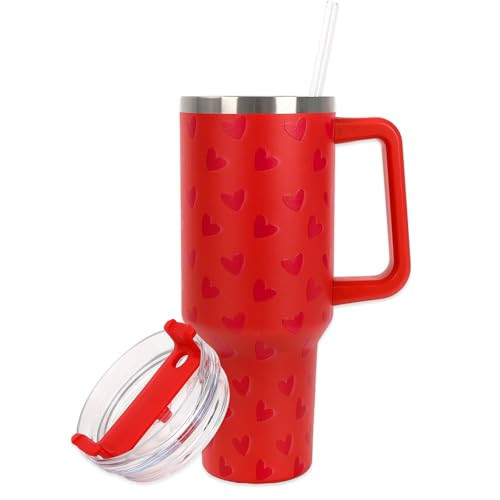 JarThenaAMCS Valentine's Day Tumbler with Lid and Straw 40oz Red 5D Heart Printed Tumbler with Handle Love Heart Stainless Steel Cup for Home Office Travel | Amazon (US)