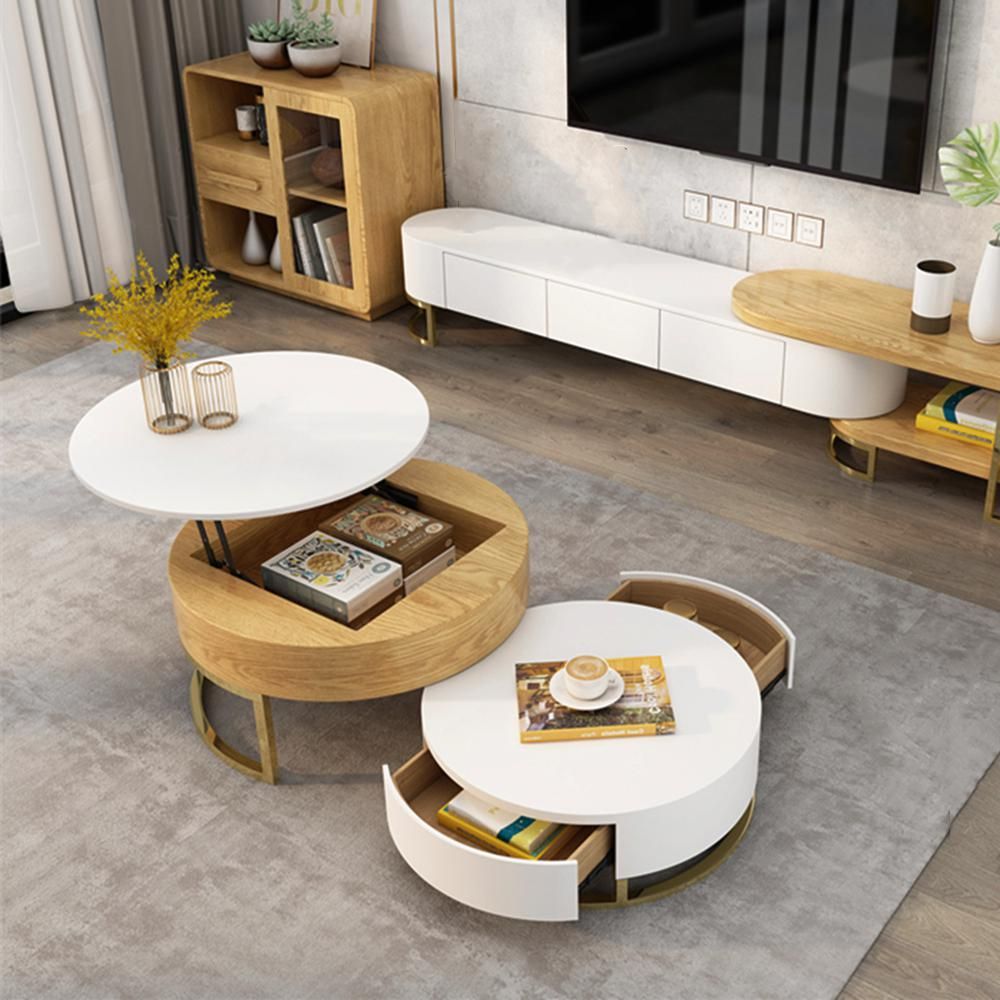 Magic Home 51.9 in. White and Brown Round Storage Top Wood Coffee Table with Storage Lift and Rotata | The Home Depot