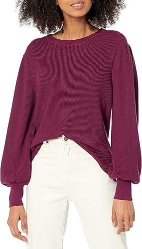 Cable Stitch Women's Blouson Sleeve Crewneck Sweater - Long Sleeve Puff Shoulder Ribbed Shaker ... | Amazon (US)