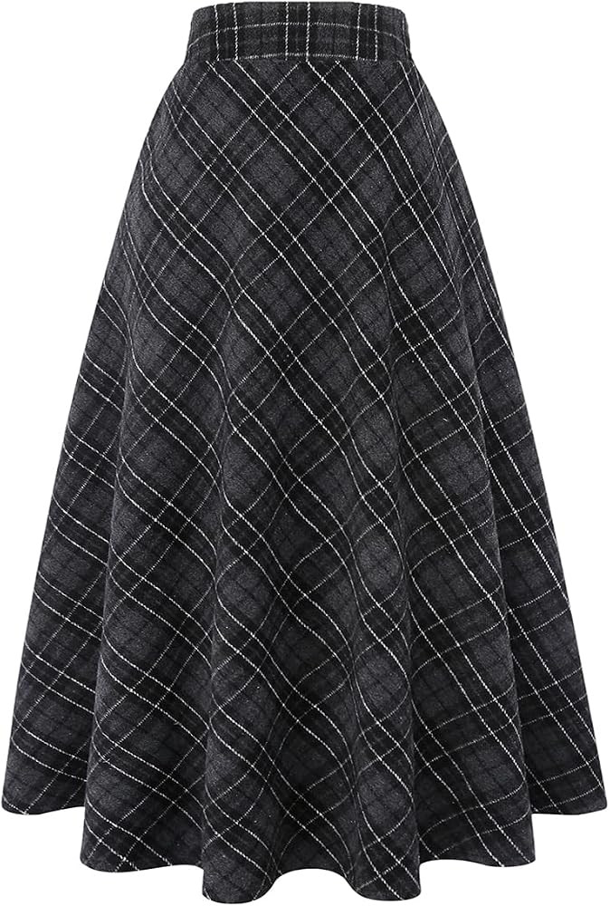 IDEALSANXUN Womens Plaid Wool Skirts Elastic Waist A-Line Pleated Tartan Long Skirts | Amazon (US)