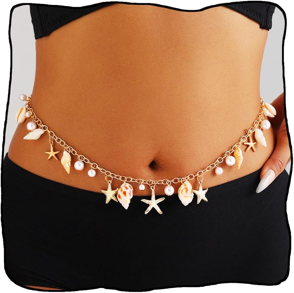 Urieo Boho Starfish Waist Chain Gold Seashell Belly Chains Summer Beach Body Chain for Women | Amazon (US)