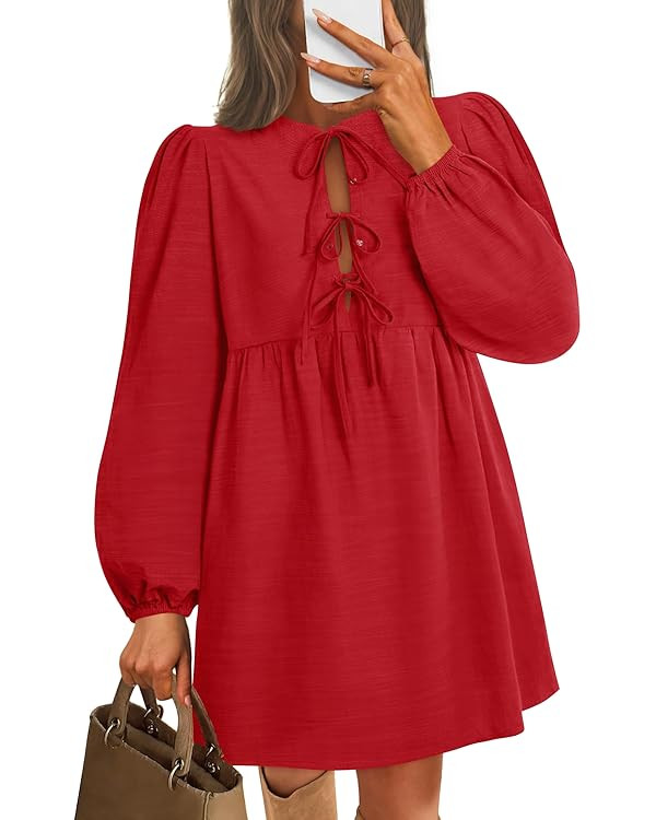 ZESICA Women's Dress Fall Long Puff Sleeve Self Tie Front Babydoll A Line Pleated Cute Mini Tunic... | Amazon (US)