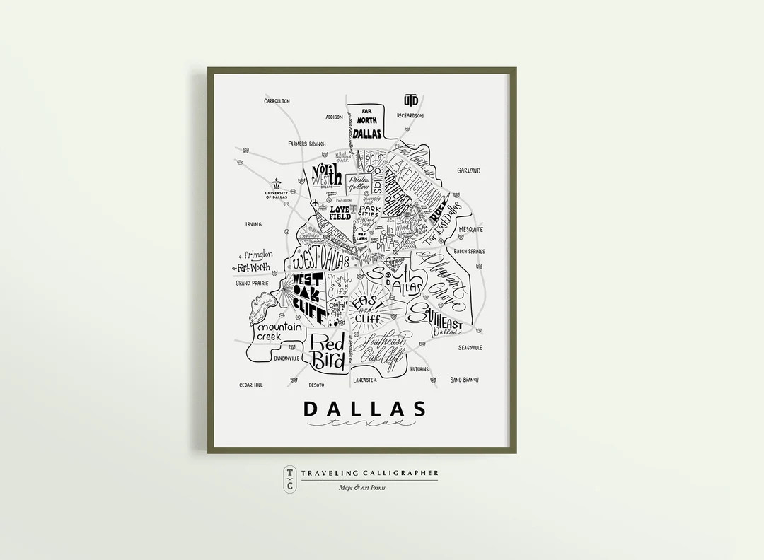 Dallas, TX Neighborhood Map - Handlettered Map- Cowboys - Fortworth - Arlington - Texas Gift - Et... | Etsy (US)