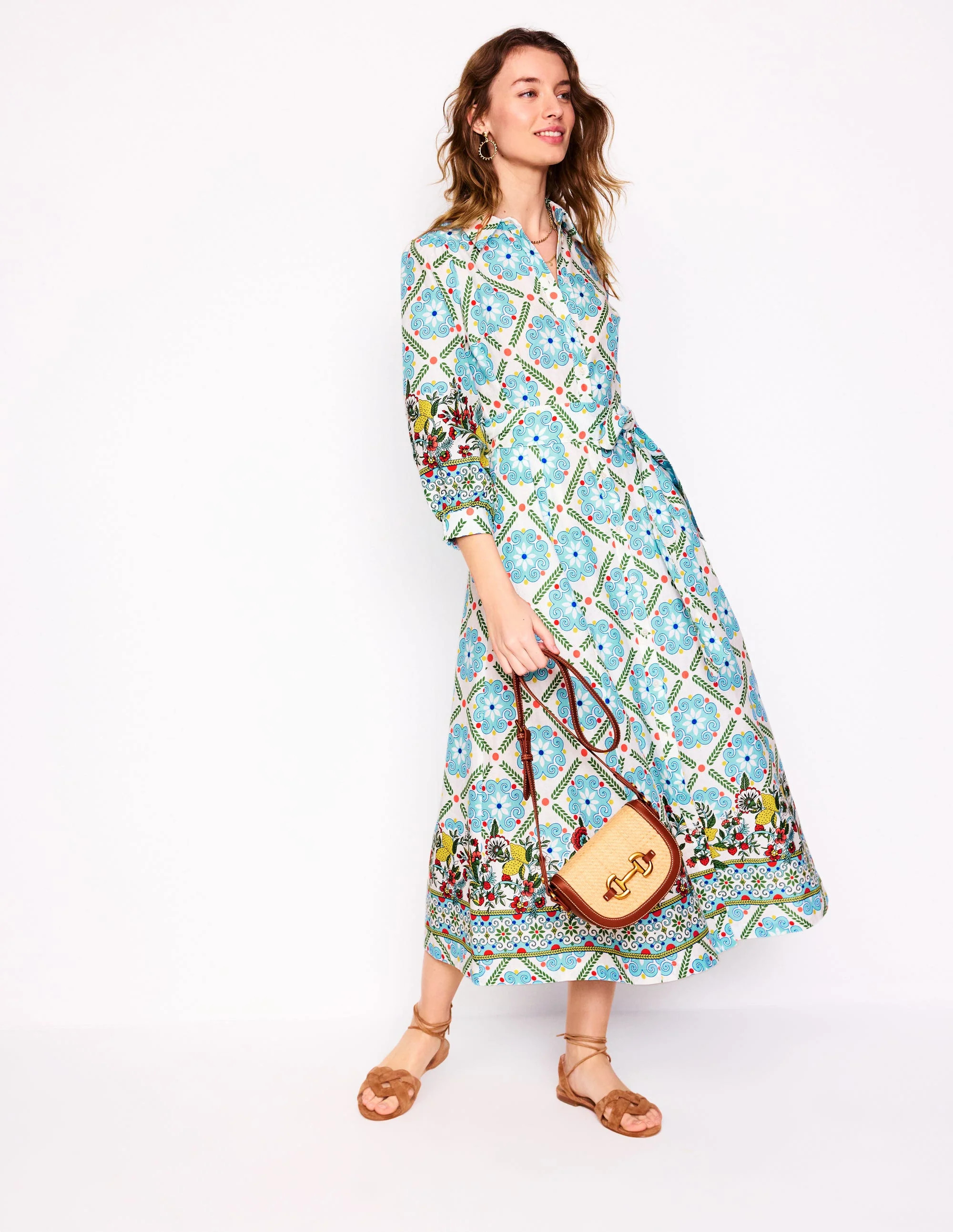 Clara Linen Blend Shirt Dress-Multi, Citrus Vine Tile | Boden (US)