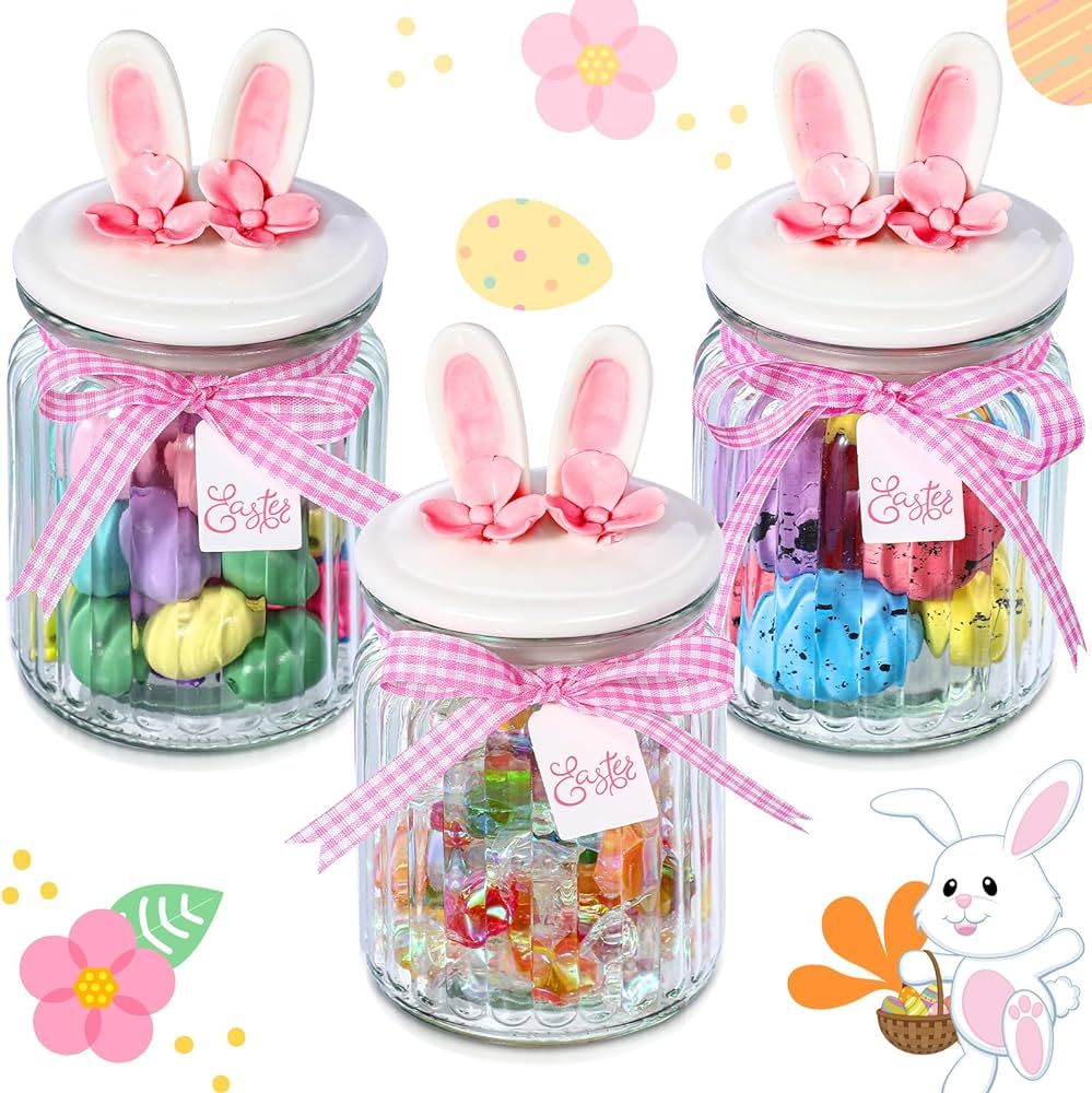 3 Pcs Easter Bunny Cute Cookie Jar Glass Candy Jars with Ceramic Lid Storage Rabbit Canister Airt... | Amazon (US)