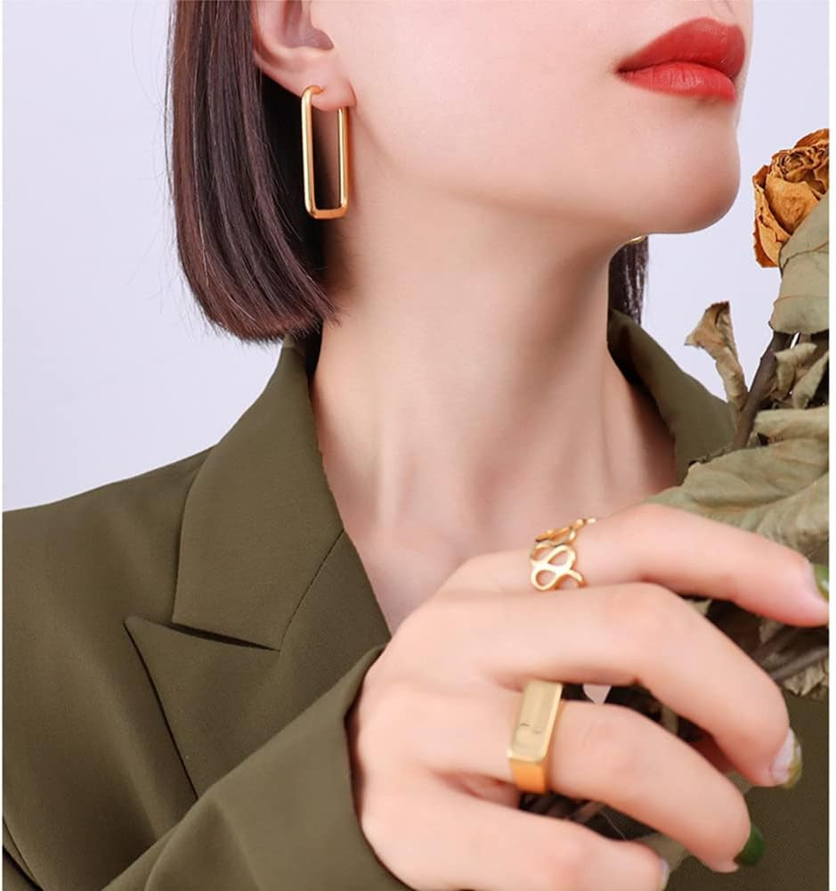 18K Gold Plated Silver Big Rectangle Dangle Hoop Earrings for Women Girls Stainless Steel Hypoall... | Amazon (US)