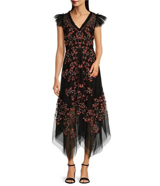 Becky Floral Embroidered Mesh V-Neck Flutter Sleeve Flounce Gown | Dillard's