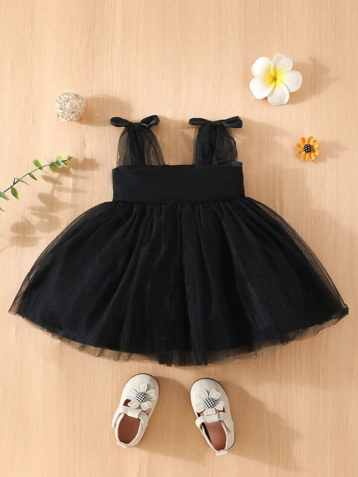 Baby Girl Bow Shoulder Mesh Overlay Cami Dress | SHEIN