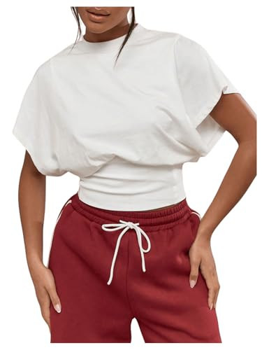 GORGLITTER Women's Dolman Short Sleeve Crop Tops Ruched Crew Neck Casual Going Out Tops White Small | Amazon (US)