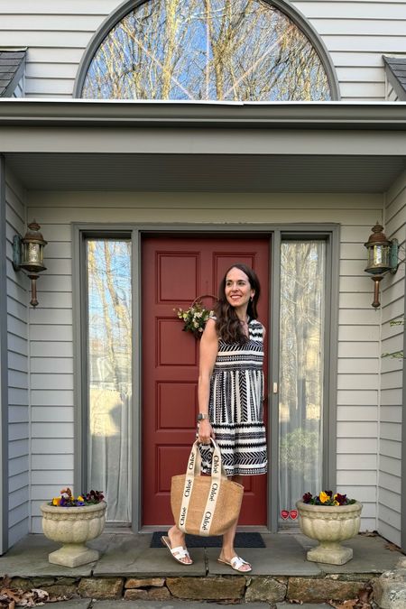 Loving this geometric design black and white dress under $40, it comes in many colors and is so cute for spring and summer! Tagged my rattan Chloe bag & designer vibes for a steal sandals too! #ltkamazonfinds 

#LTKSeasonal #LTKfindsunder50 #LTKstyletip