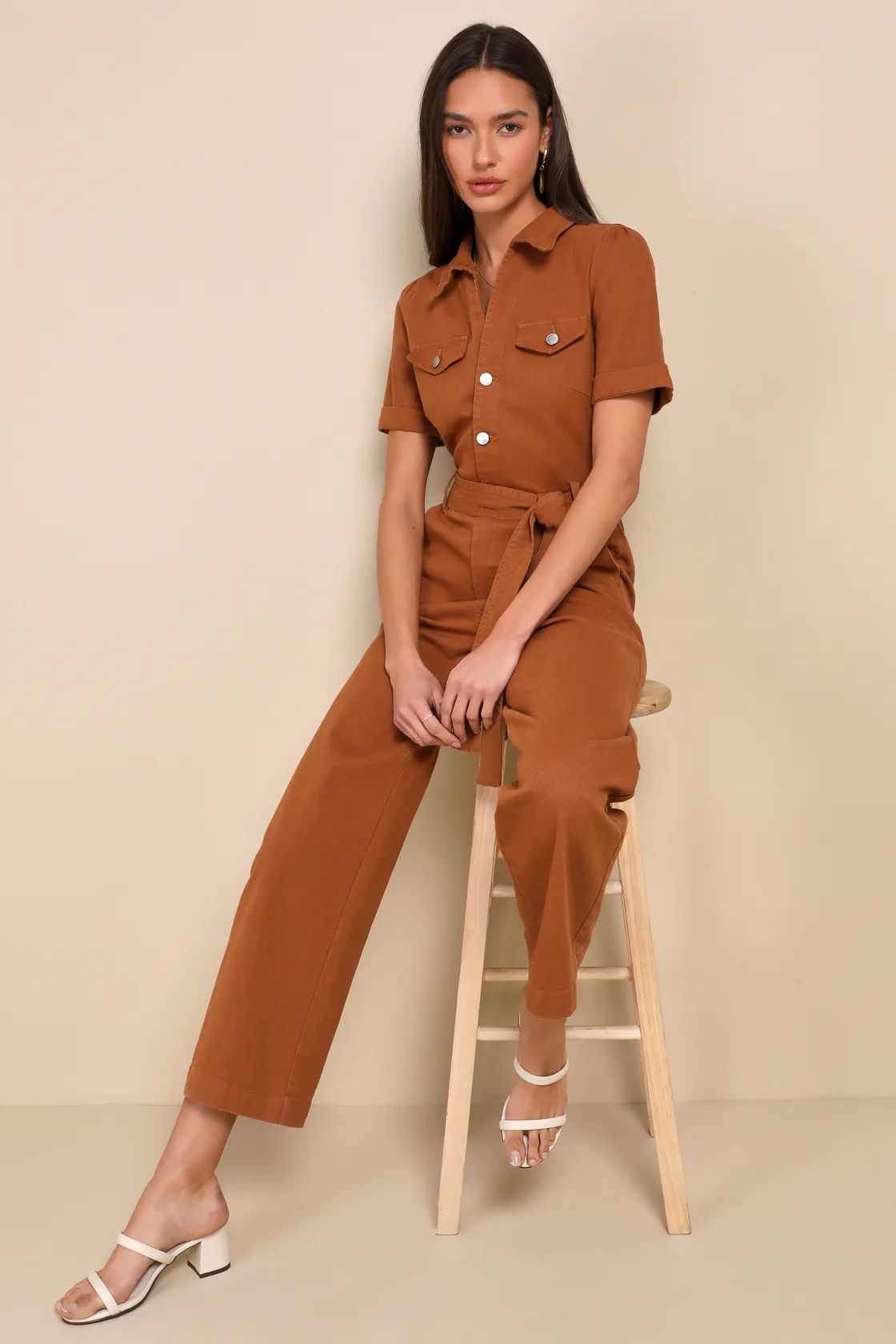 Practical Perfection Rust Brown Twill Short Sleeve Jumpsuit | Lulus