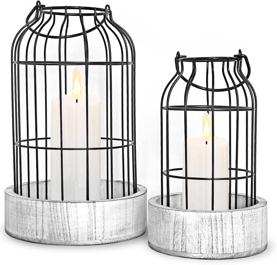 Livelab Modern Farmhouse Lantern Decor, [Refined] Rustic Home Decor Lanterns, Wire Metal Cloche D... | Amazon (US)