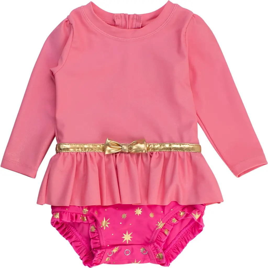 RuffleButts Baby Girls UPF50+ Princess Long Sleeve Bow Skirted One Piece Swimsuit in Royal Pink Princess at Nordstrom, Size 3-6M | Nordstrom