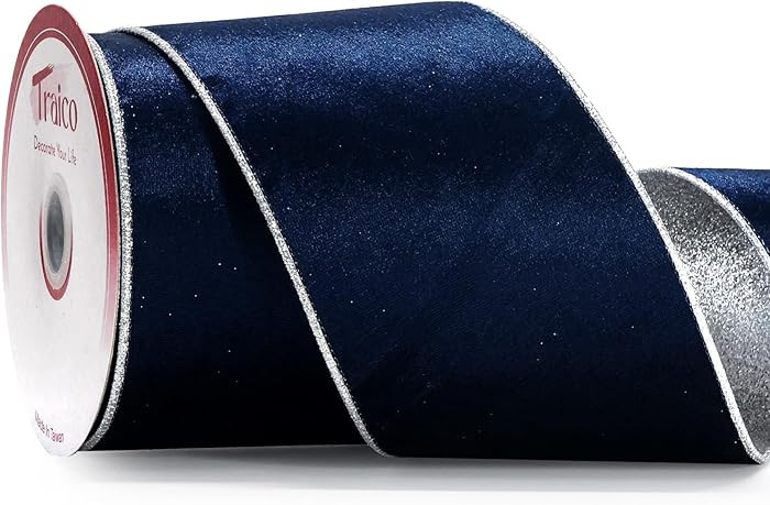 4" Navy Blue Velvet Silver Glitter Backing Wired Ribbon 10 Yards for Christmas Tree Wedding Wreat... | Amazon (US)