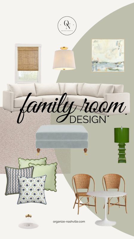 So excited for our playroom / family room design that’s coming together. It’s a transitional style and we are using our existing sofa. I was inspired by an FBMP find (these funky worlds away lamps!) and a design scheme from EBI INTERIOR DESIGN. 

- Spa performance velvet ottoman for kid and pet friendly maintenance 
- fun and functional pillows in blue and green
- a modern touch with the tulip table paired with rattan chairs for games,
Art and extra seating
- we have carpet 🤮 but if we didn’t I’d choose my favorite Ballard dupe rug that’s performance 
- there adorable scallop pillows from
Amazon add a touch of whimsy
- you won’t believe these two light fixtures for under $100 on Amazon as well
- hoping to find some original art in a similar style but this McGee Co art was shared with me through my interior designer and I love the look
- and I love the texture these woven blinds add 

#familyroom #wayfair #lookforless #designboard #moodboard 

Wall Color: Sherwin Williams Clary Sage

#LTKFamily