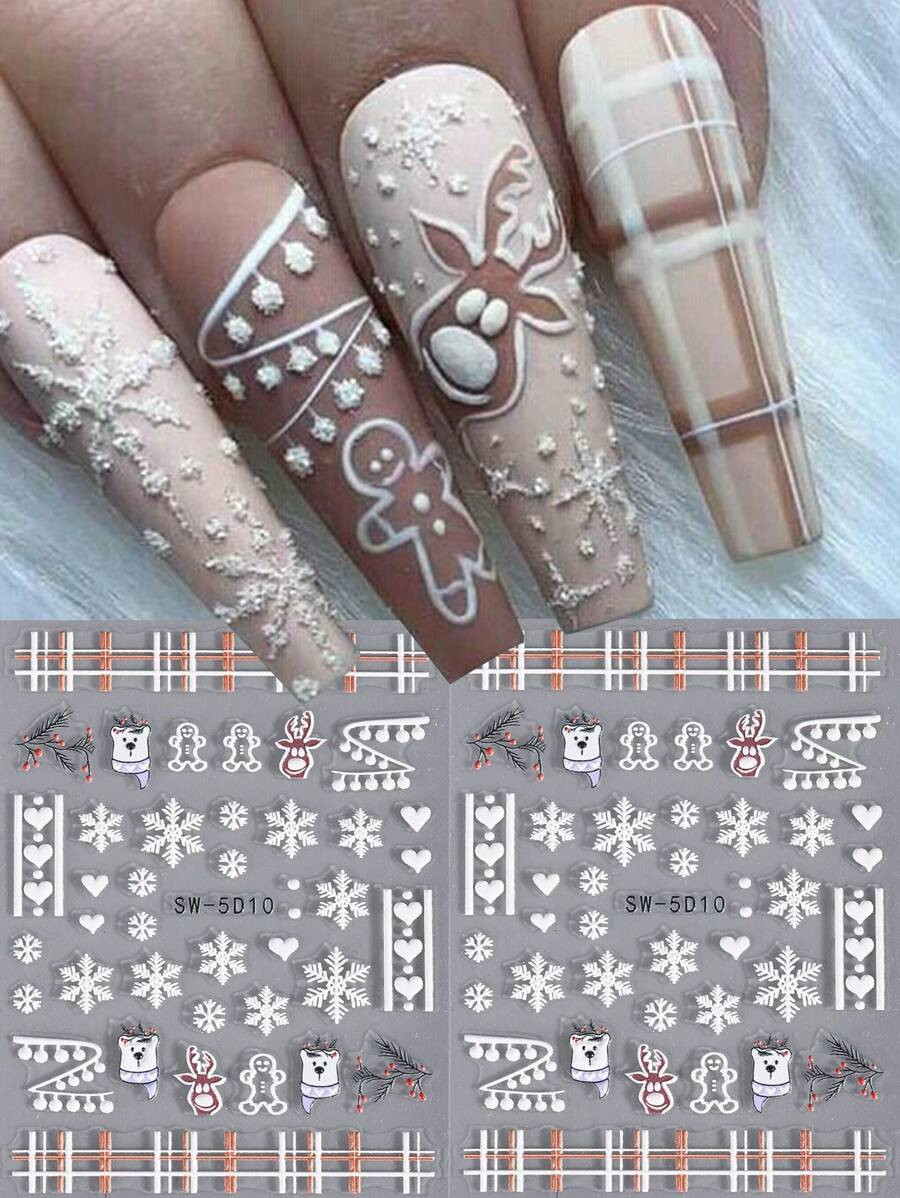 2 PCS Cute Christmas Deer Polar Bear Nail Stickers 5D Relief Nail Art Designs New Year Heart Swea... | SHEIN