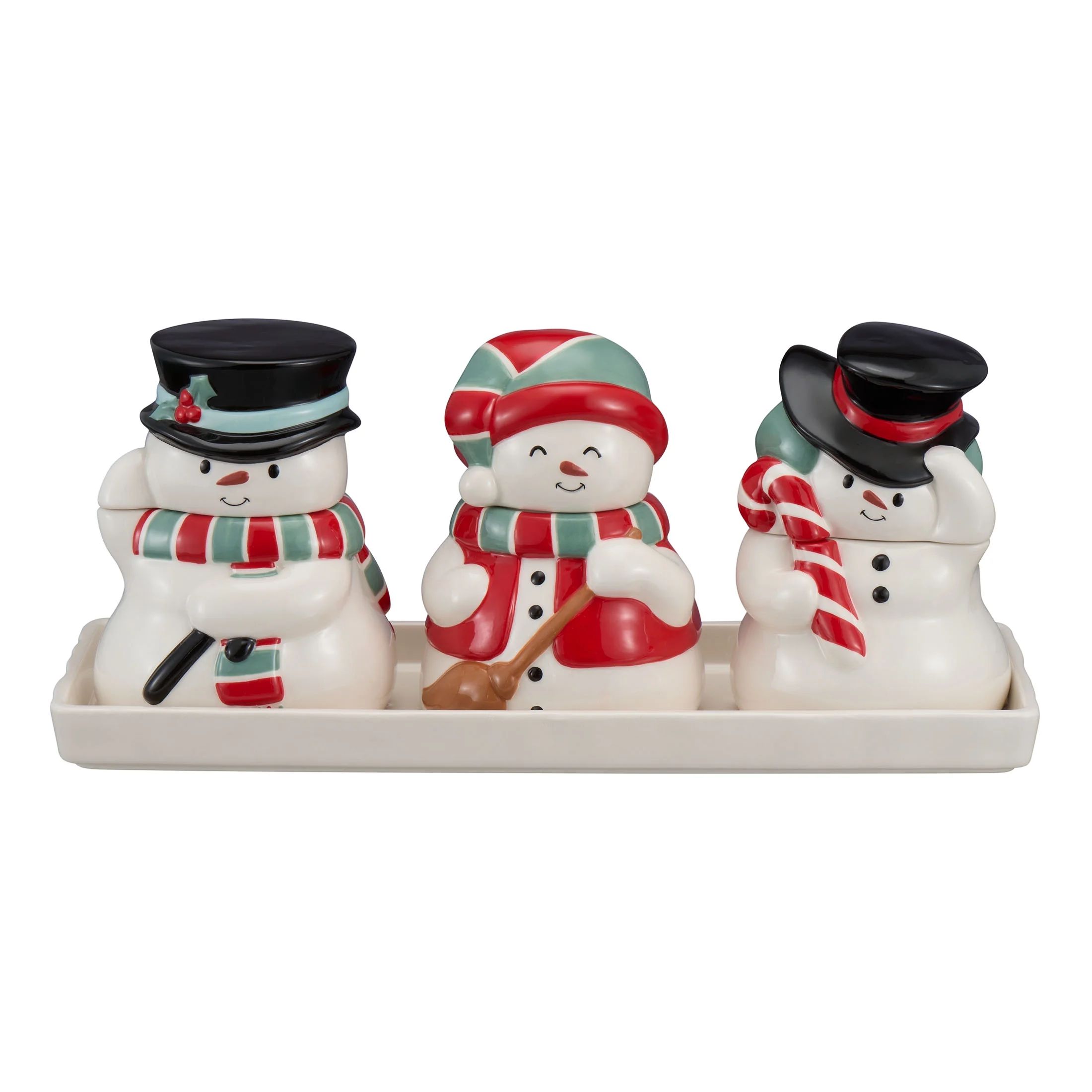 Holiday Time Snowman Glazed Earthenware Ceramic Mini Treat Jars Set with Lids & Tray, Multicolor | Walmart (US)