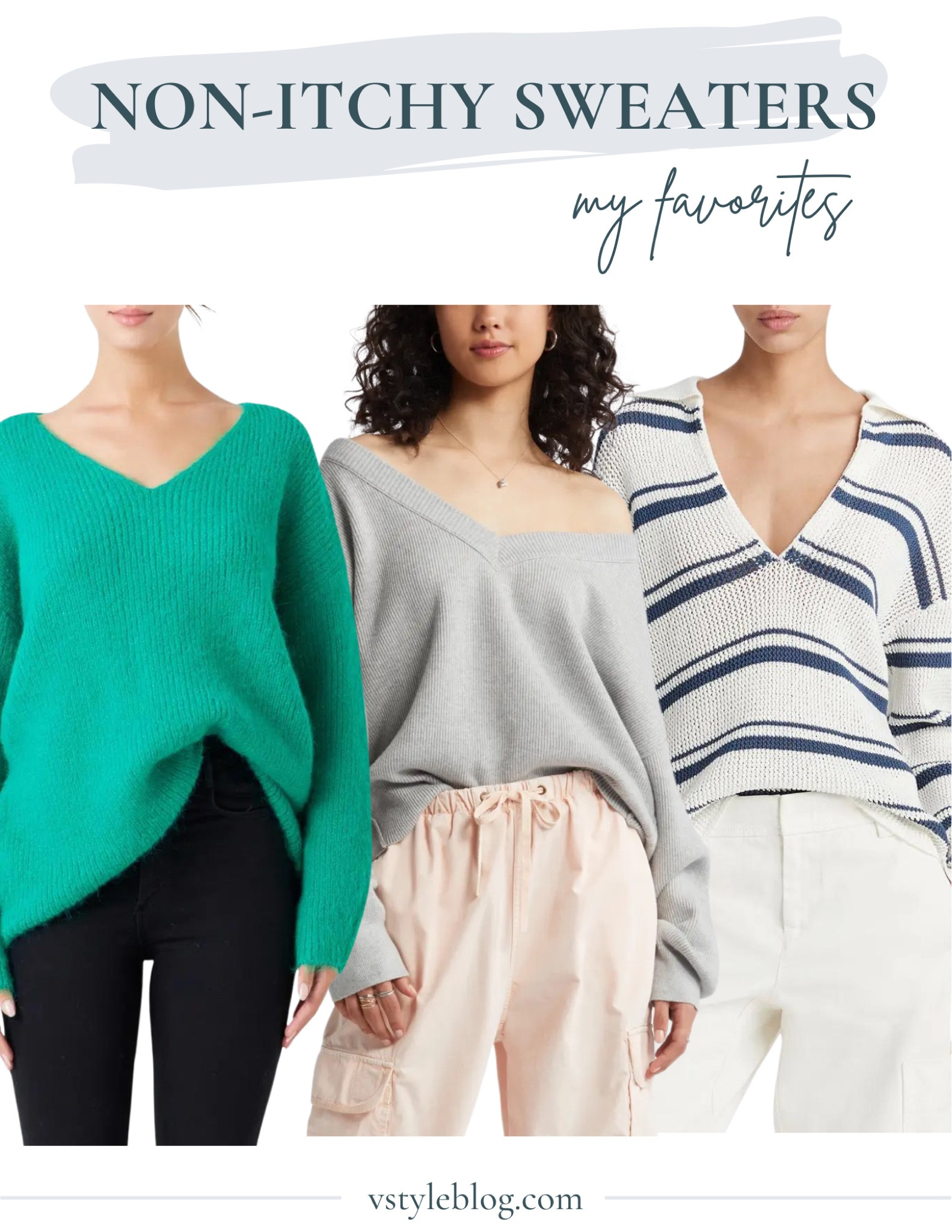 Stylish Non-Itchy Sweaters For Fall: Endless Rose fuzzy sweater, BP. v-neck sweater, and Vince stripe sweater

#LTKFindsUnder100 #LTKSeasonal #LTKStyleTip
