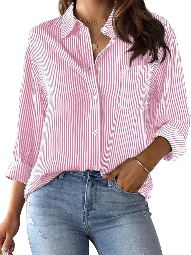 CUNLIN Wrinkle Free Women's Button Down Shirts Striped Long Sleeve Collared Blouses Tops with Poc... | Amazon (US)