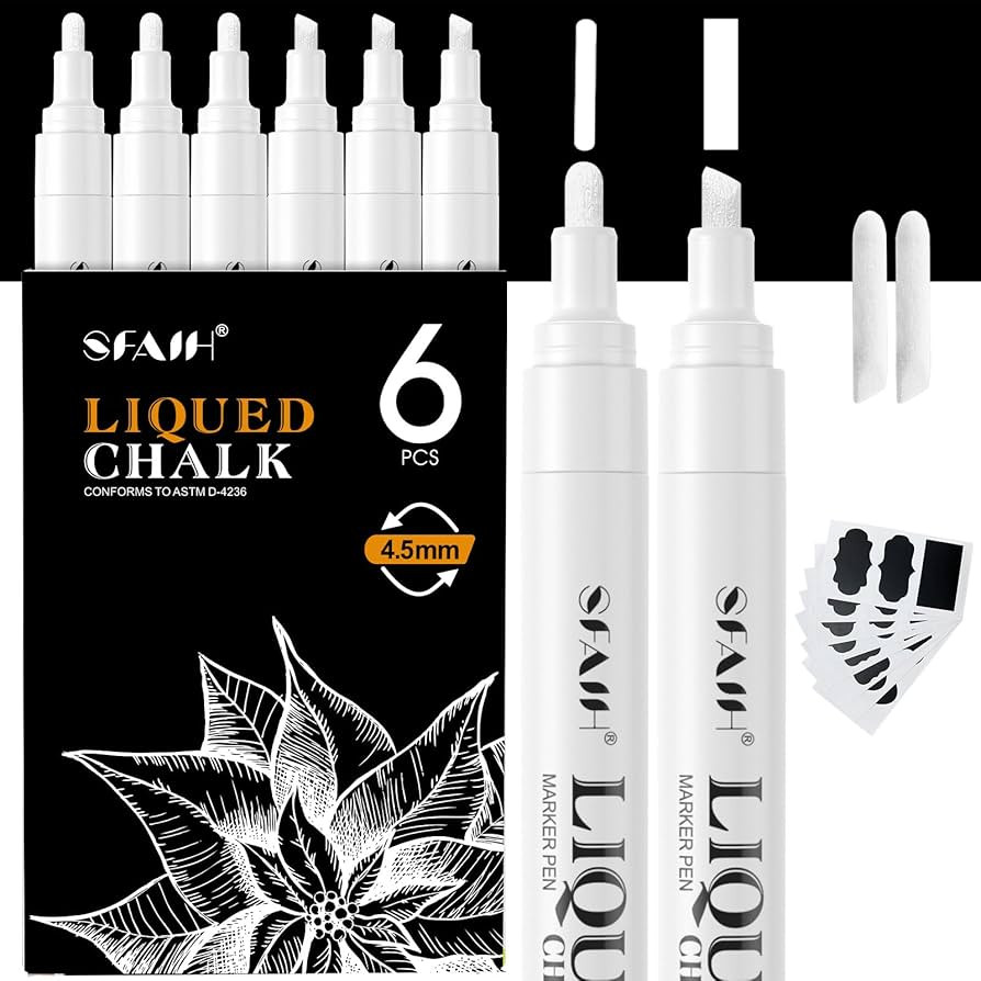 SFAIH White Liquid Chalk Markers - 6 Dry Erase Chalkboard Markers for Signs, Windows, Glass, Chalk Pens with 20 Chalkboard Labels, Reversible Tips - 4.5m Chisel Point & 1-3mm Fine Tip, Non Toxic | Amazon (US)