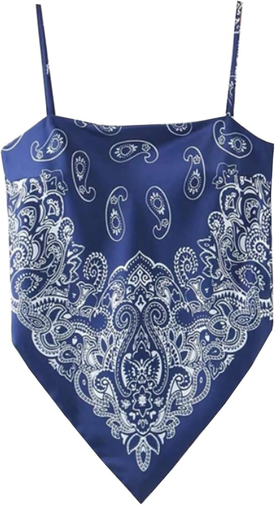 Women's Paisley Print Tie Back French Knot Hanky Hem Spaghetti Straps Handkerchief Cami Bandana T... | Amazon (US)