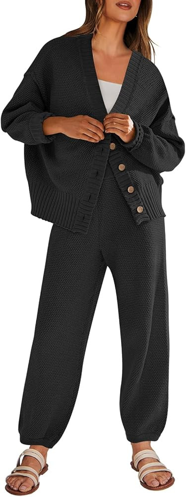 ANRABESS Women 2 Piece Outfits Waffle Knit Long Sleeve Cardigan Set Casual Sweater Pants Lounge S... | Amazon (US)