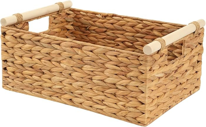 15.5x10.8x6.2" natural wicker basket with handles; rectangular shelf organizer for kitchen, bathr... | Amazon (US)