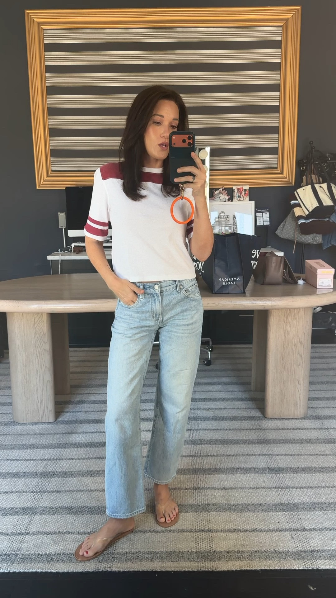 24 in jeans 
XS in tee

#LTKootd #LTKgrwm #LTKmomlife