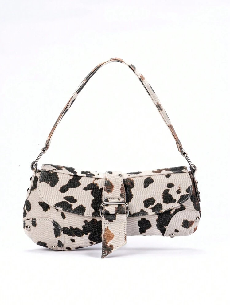 Animal Print Underarm Bag, Cow Print Studded Motorcycle Style Shoulder Bag, Cow Dot Print Women's Tote Bag Casual Underarm Bag, Y2K Hobo Bag, Crescent Bag, Street Style For Teen Girls Holiday Gifts, Party, Daily Dress, Work. Cow Print Bag, Casual Cow Print Pattern Purse For Women, Bags Ladies Elegant | SHEIN