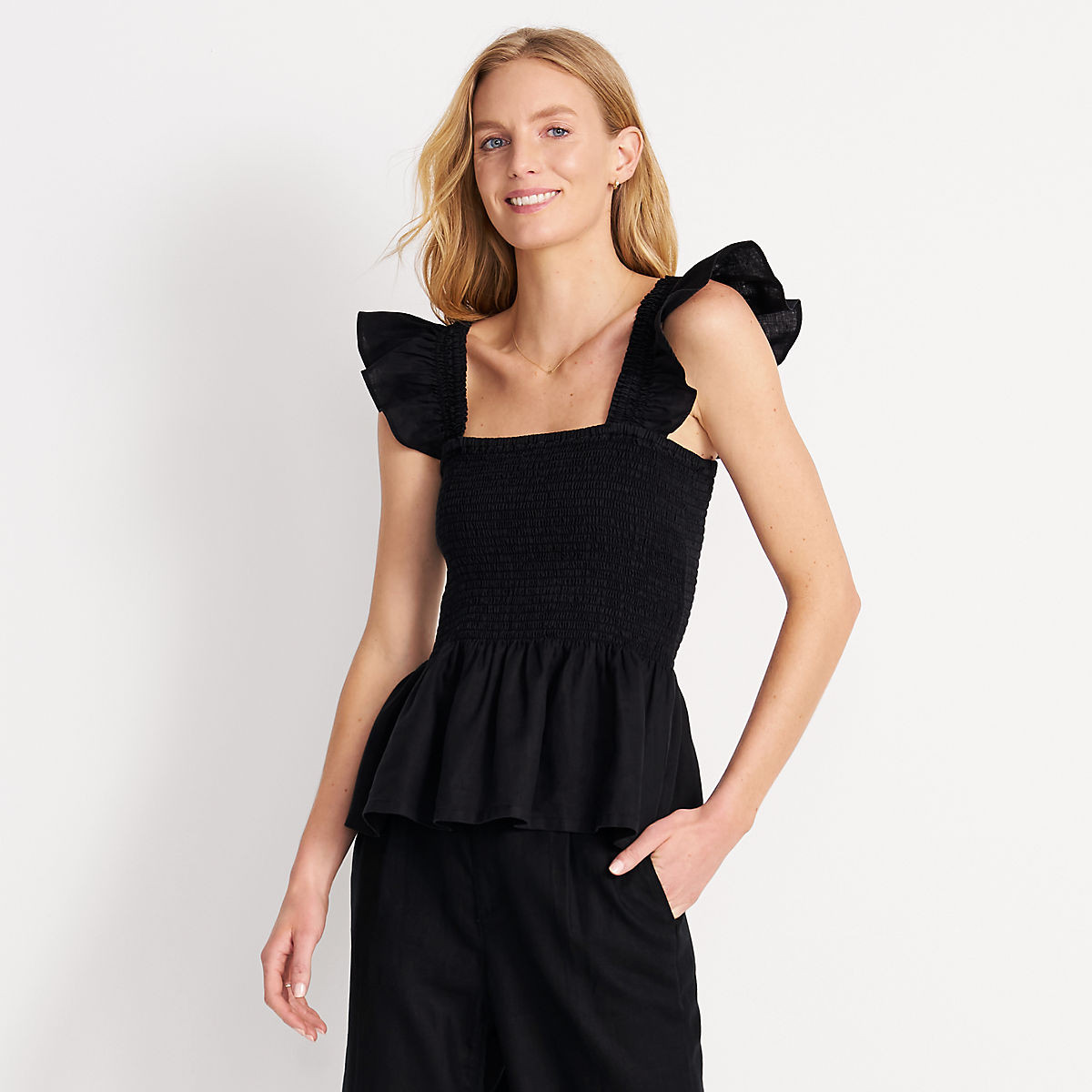 Women's Linen Ruffle Strap Smocked Top | Lands' End (US)