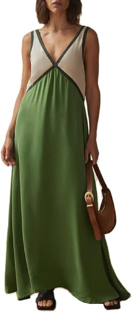 KMBANGI Women Y2k Floral V Neck Maxi Dress Flowy Sleeveless Satin Patchwork Long Dress Elegant Bo... | Amazon (US)