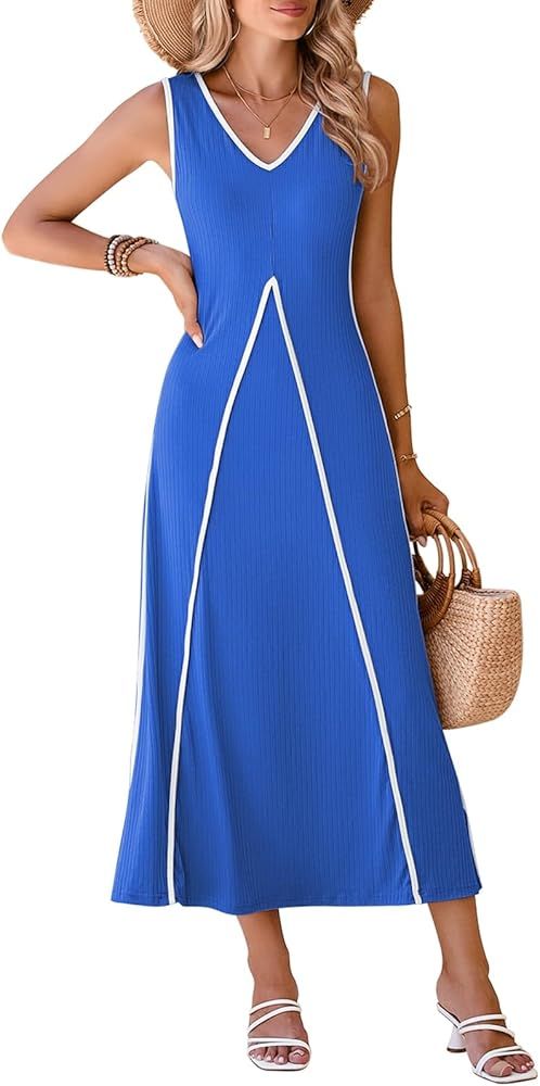 Pink Queen Women's Casual Loose Sundress Long Dress V Neck Sleeveless Backless Maxi Dresses Summe... | Amazon (US)