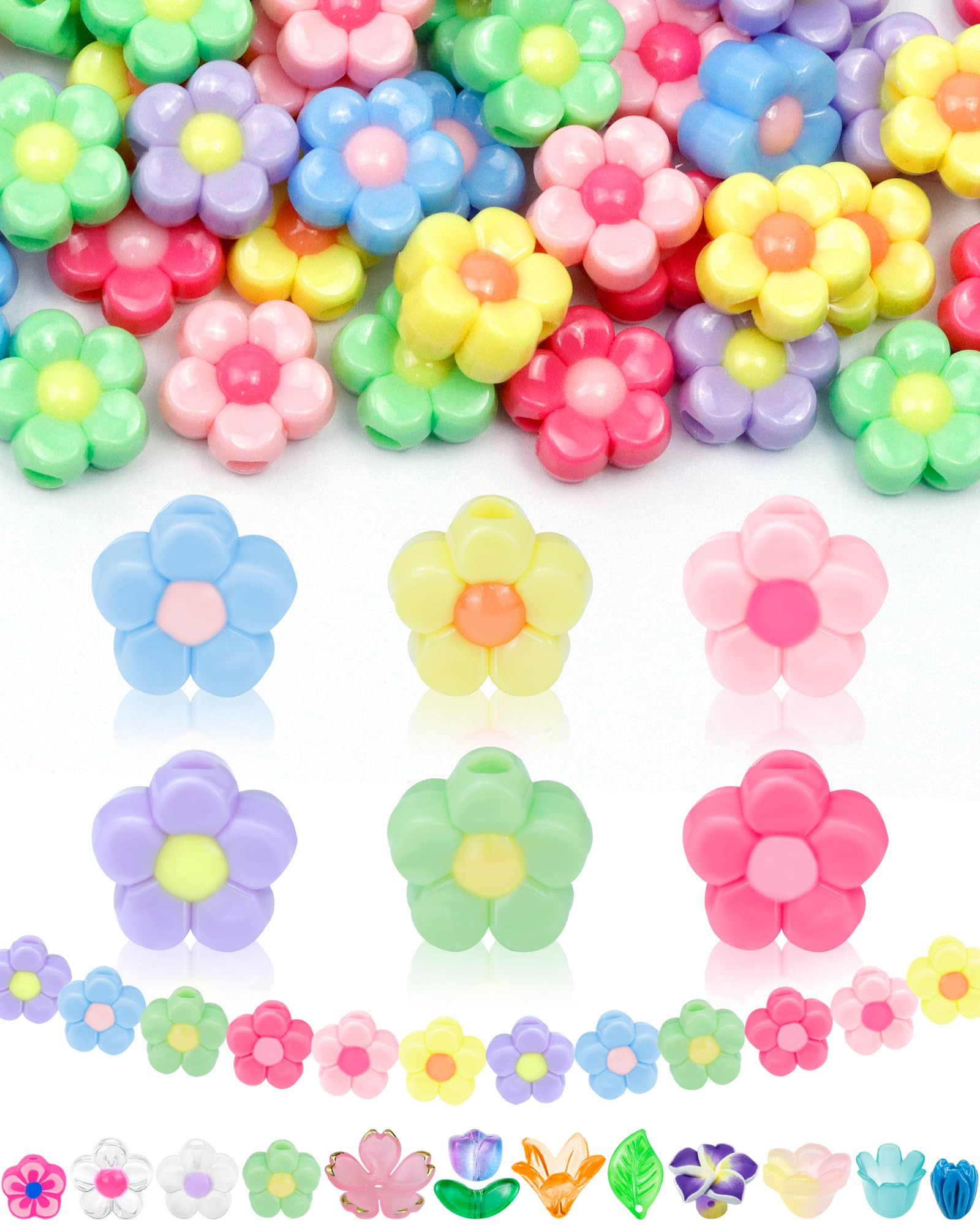FIVEIZERO 200PCS Acrylic Flower Beads for Bracelets, Solid Color Five Petal Bead Charms for DIY J... | Amazon (US)