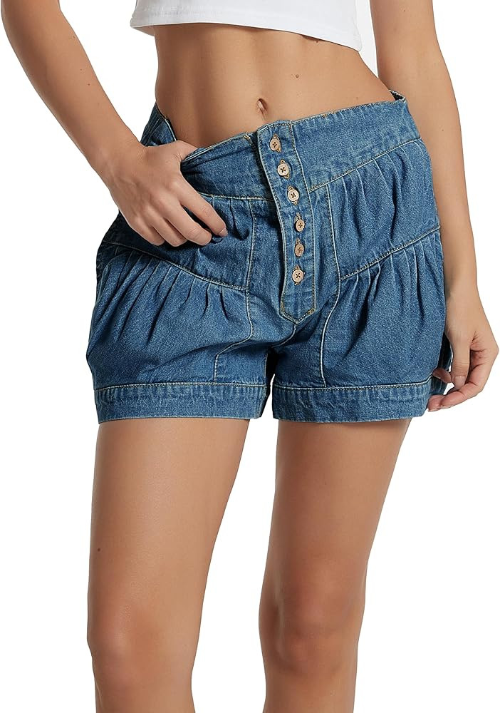 D-Sun Women's 2025 Denim Shorts Casual Elastic High Waisted Pleated Ruffle Summer Flowy Jean Shor... | Amazon (US)